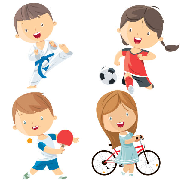 ilustraciones, imágenes clip art, dibujos animados e iconos de stock de personajes de deportes a los niños - child karate little boys martial arts