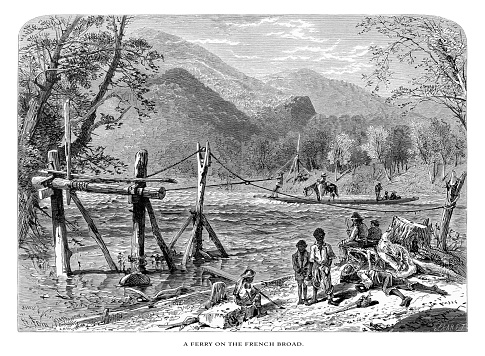 Very Rare, Beautifully Illustrated Antique Engraving of Ferry Crossing the French Broad River, North Carolina, North Carolina, United States, American Victorian Engraving, 1872. Source: Original edition from my own archives. Copyright has expired on this artwork. Digitally restored.