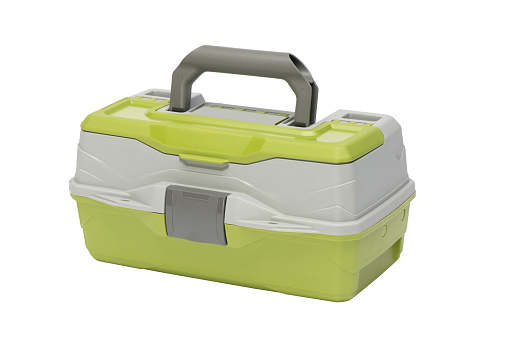 Small fishing tackle box with clipping path. Gray and green color on white background. Closed top with carrying handle raised