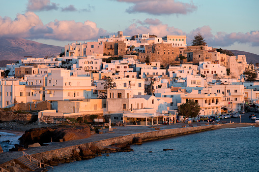 The Chora ('capital') of Naxos in sunset light, Aegean Sea, Cyclades, Greece, Europe