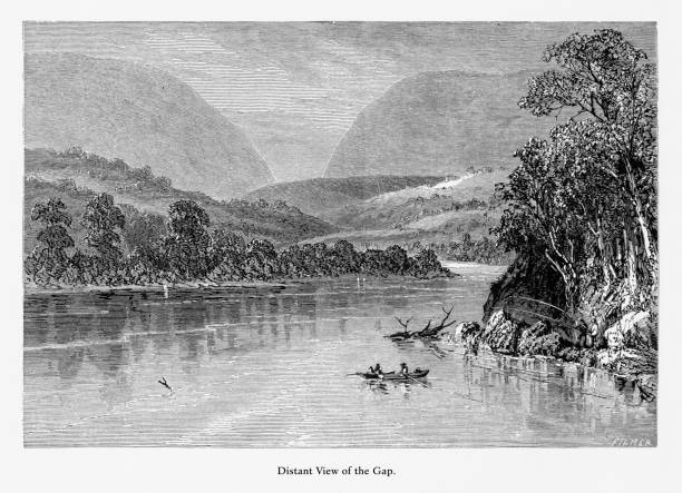 Distant View of the Delaware River Water Gap, Pennsylvania, United States, American Victorian Engraving, 1872 Very Rare, Beautifully Illustrated Antique Engraving of Distant View of the Delaware River Water Gap, Pennsylvania, United States, American Victorian Engraving, 1872. Source: Original edition from my own archives. Copyright has expired on this artwork. Digitally restored. paradise pennsylvania stock illustrations