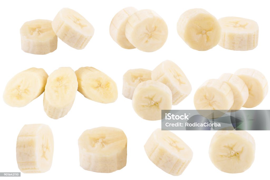 Set of freshly slices bananas isolated on white Isolated bananas. Set of freshly slices bananas isolated on white background with clipping path Banana Stock Photo