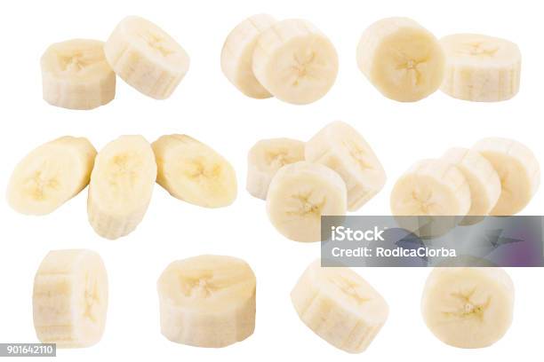 Set Of Freshly Slices Bananas Isolated On White Stock Photo - Download Image Now - Banana, Slice of Food, Cut Out