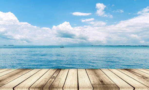 istock Wood, blue sea and sky background 901642312