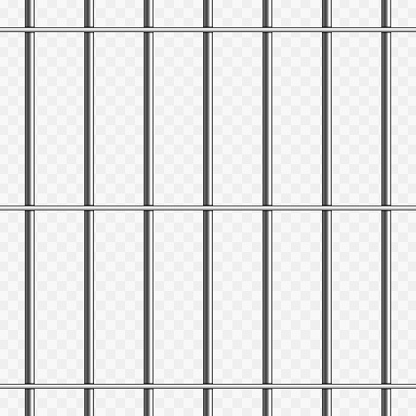 Prison metal bars isolated on transparent background. Realistic prison fence jail. Vector seamless pattern. Criminal or sentence concept. Illustration EPS 10.