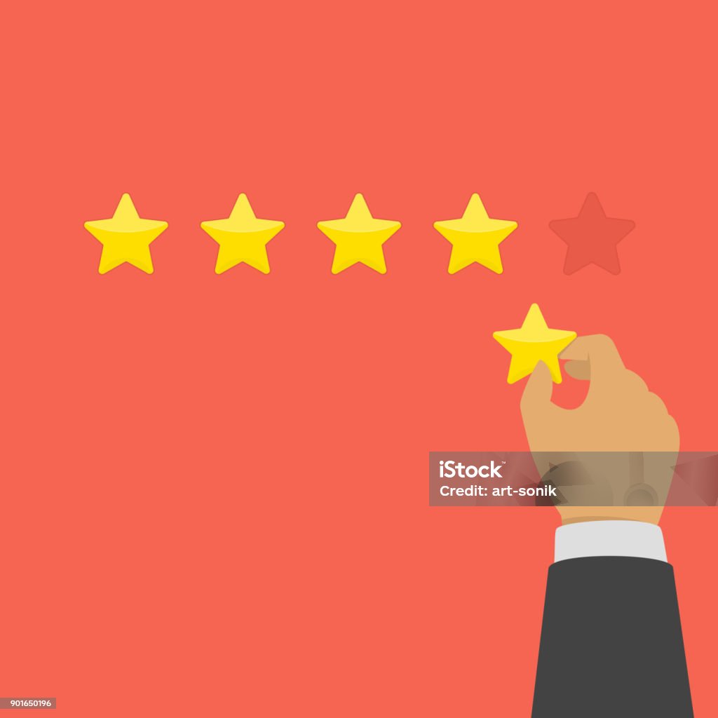 Hand giving five star rating. Hand of businessman giving five star rating. Rating with golden stars. Evaluation, feedback, customer review or quality concept. Vector illustration in flat style. EPS 10. Celebrities stock vector