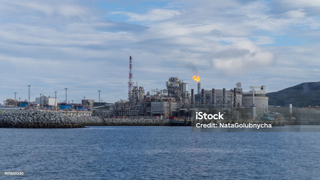 Station on Melkoya where natural gas is converted into liquefied Plant on Melkoya where natural gas is converted into liquefied gas, Hammerfest, Norway Liquefied Natural Gas Stock Photo