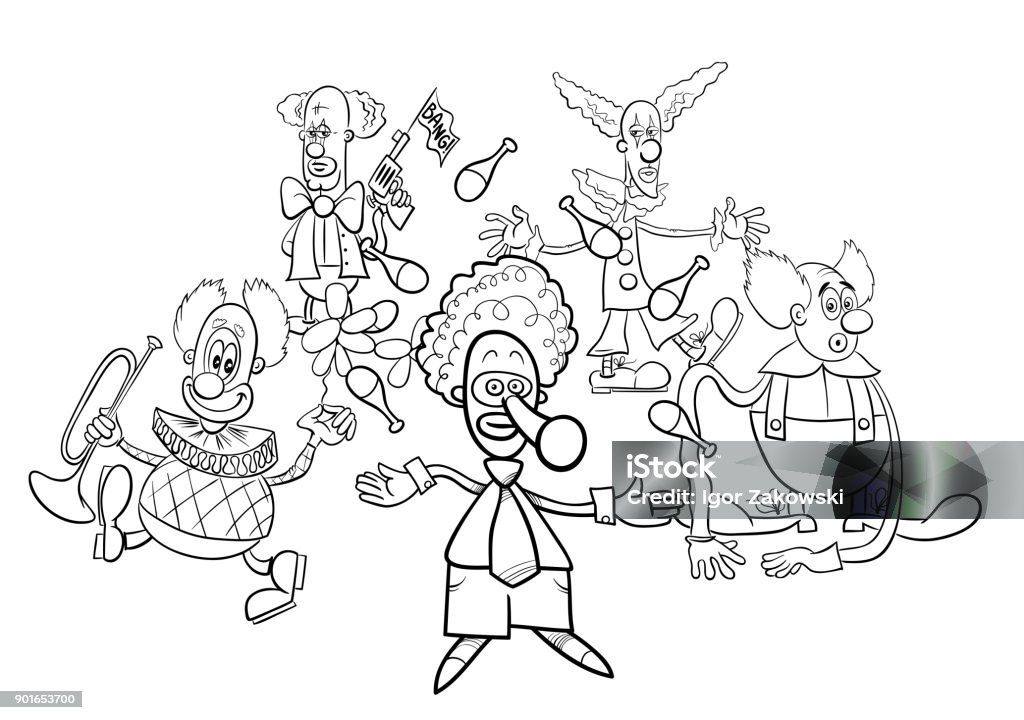 clowns cartoon characters group coloring book Black and White Cartoon Illustration of Circus Clowns Characters Group Coloring Book Black And White stock vector