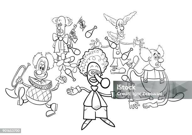 Clowns Cartoon Characters Group Coloring Book Stock Illustration - Download Image Now - Black And White, Book, Cartoon
