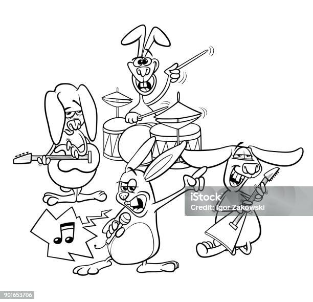 Rabbits Rock Musicians Band Coloring Book Stock Illustration - Download Image Now - Coloring, Rock Music, Animal