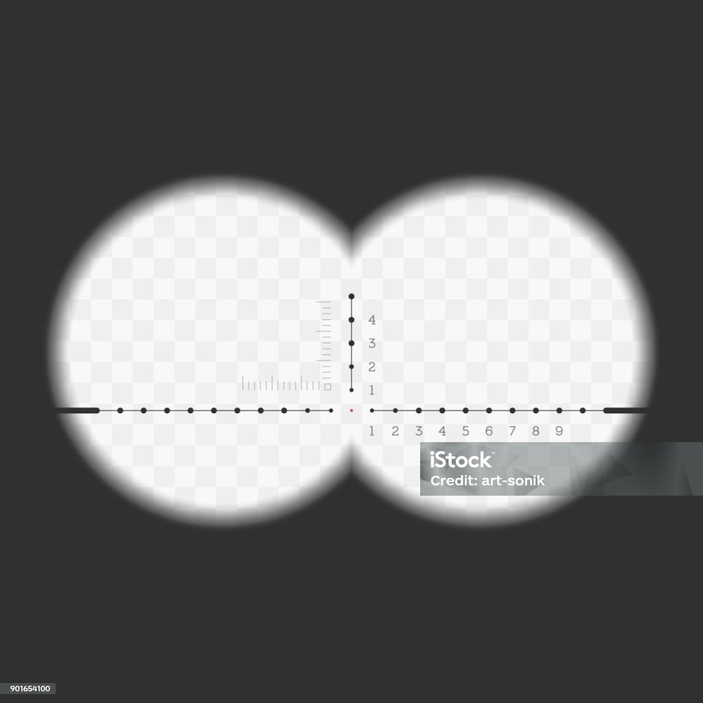 View from the binoculars. View from the binoculars with measurement marks, isolated on transparent background. Scope template. View through a rifle scope. Vector illustration. EPS 10. Spy stock vector