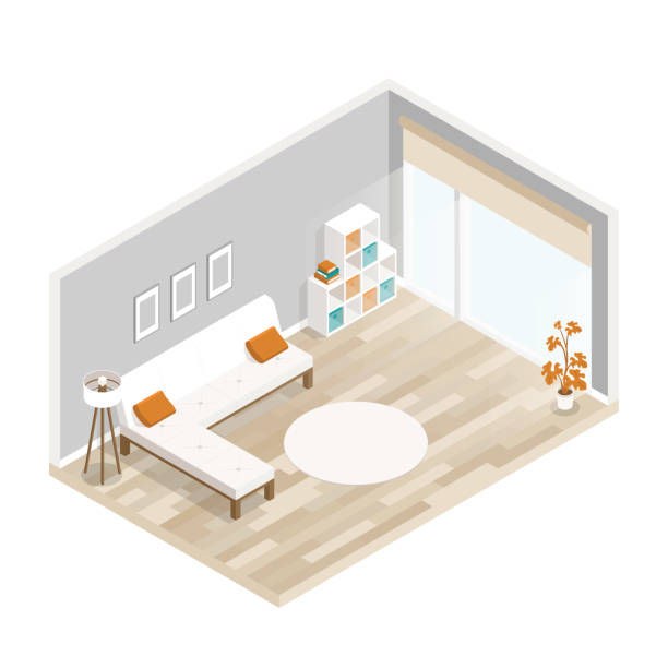 isometrische wohnzimmer möbel sofa, couchtisch, lampe, bücherregal - teppichboden couch stock-grafiken, -clipart, -cartoons und -symbole