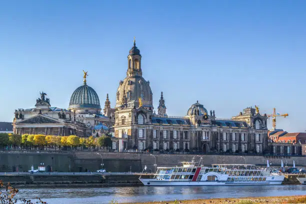 View of Bruhl Terrace from the other side of the Elbe river,Dresden,Saxony,Germany