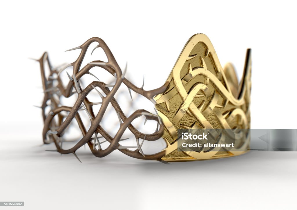 Golden Crown With Thorn Patterns A religious crucifixion concept of a split between a golden crown and a woven thorn crown on an isolated black studio background - 3D render Crown - Headwear Stock Photo