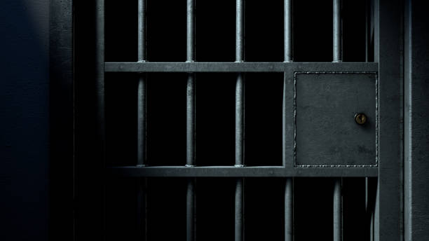 puerta de la celda de cárcel y barras de hierro soldadas - jail fotografías e imágenes de stock