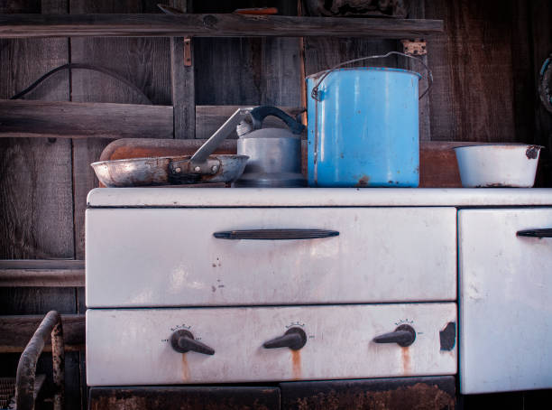 istock Old cabin kitchen stove with pots and pans 901659388