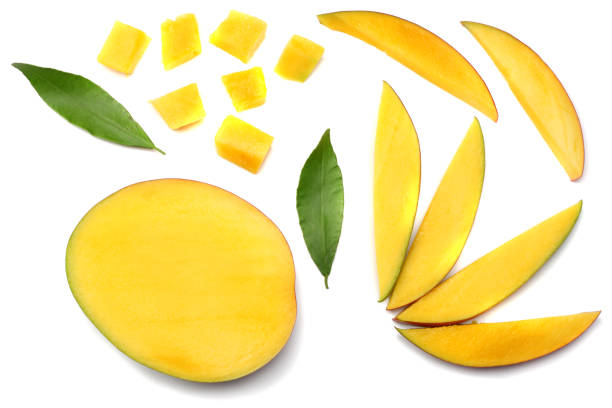 istock mango slice with green leaves isolated on white background. top view 901665302