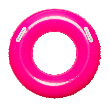 Pink Pool Floating Inner Tube with Handles Isolated on White Background.