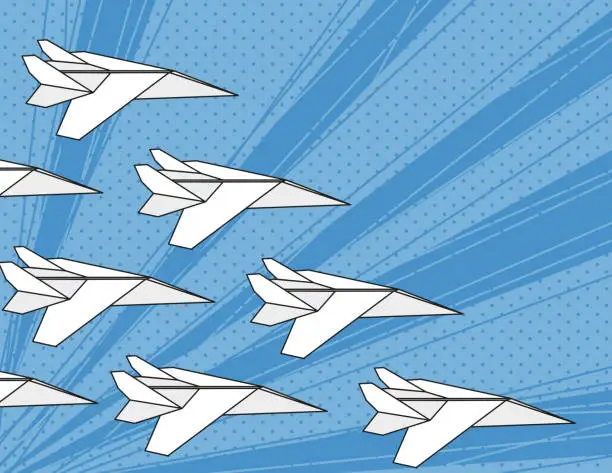 Vector illustration of Concept of team work, the right direction, business strategy. White paper airplanes in blue sky flyingin in one direction. Pop art style.