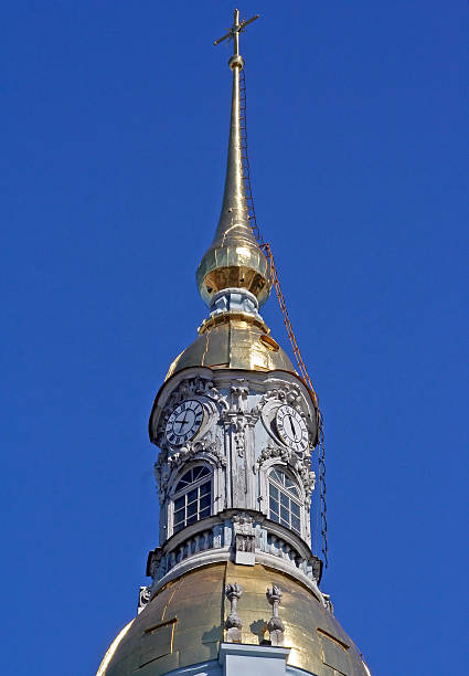 Fragment of old bell tower stock photo