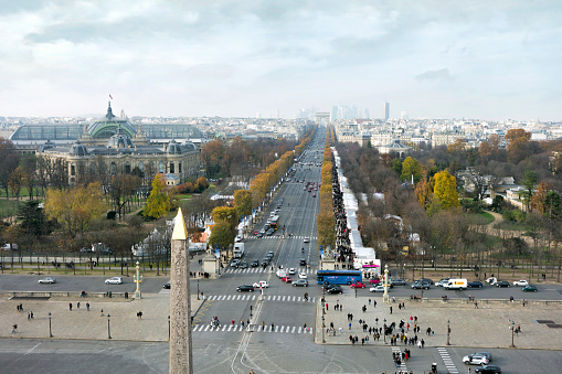 Paris, France - November 22, 2016: Looking at Champs-Elysees from higher ground on a winter day in Paris.