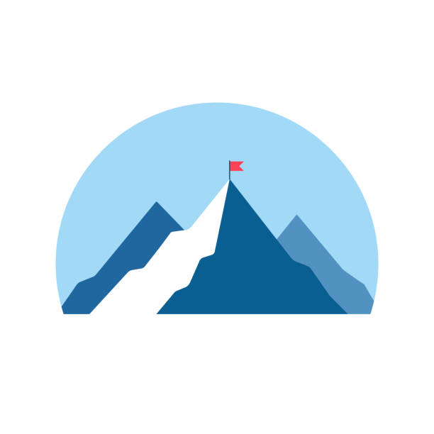 ilustrações de stock, clip art, desenhos animados e ícones de success concept, mountains with red flag, illustration meaning way to the top - snowcapped mountain range snow mountain peak