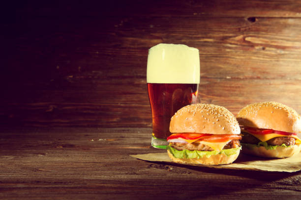 istock Homemade Hamburger and bear on wooden table 901686654