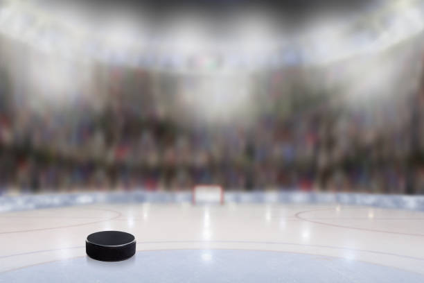 Close-up view of blue dividing line beneath intricately patterned surface of ice rink. Texture or background option.