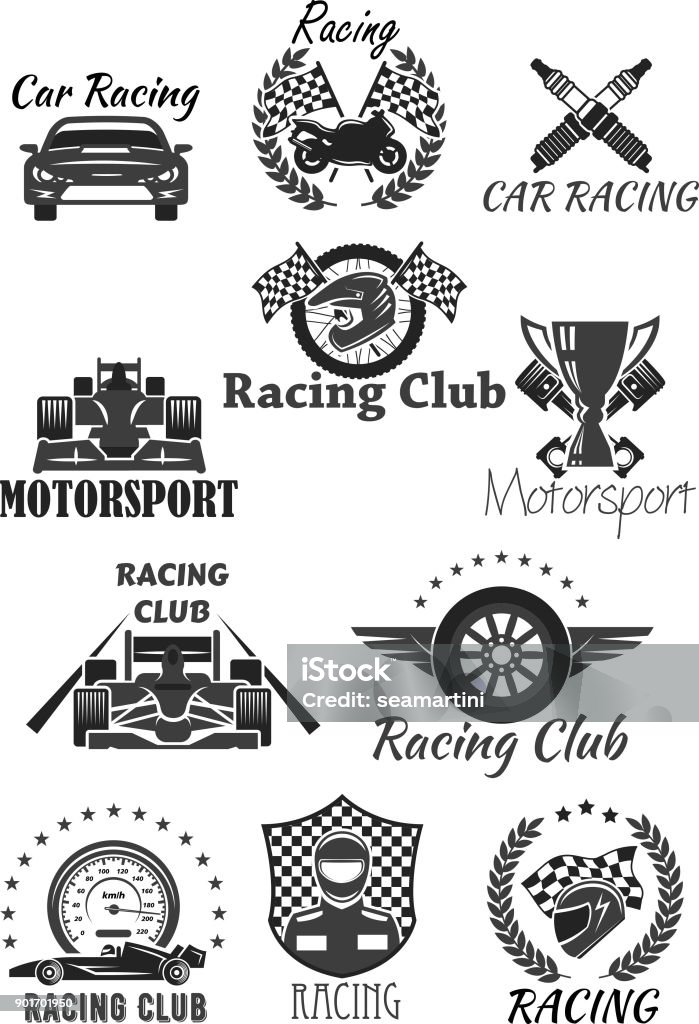 Racing club and motorsport isolated symbol set Racing club and motorsport isolated symbol set. Racing car, motorcycle, champion trophy cup, race flag, wheel, racer helmet, piston, speedometer, spark plug with heraldic wreath, star and wing Logo stock vector