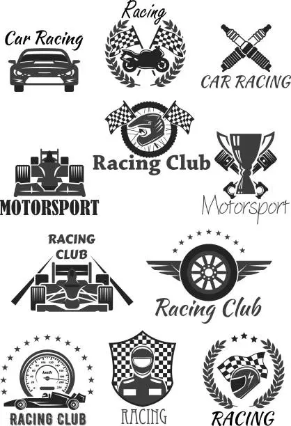 Vector illustration of Racing club and motorsport isolated symbol set