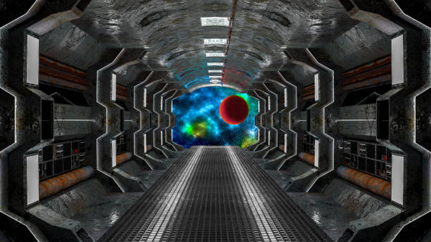 istock realistic old spaceship sci-fi corridor with the red planet in space 901713658