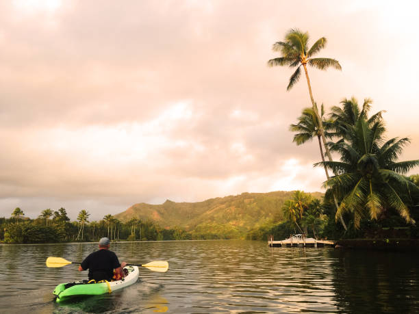 Man kayaking on the calm Wailua River in the early morning light.
