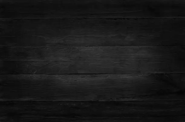 Photo of Black wooden wall background, texture of dark bark wood with old natural pattern for design art work, top view of grain timber.