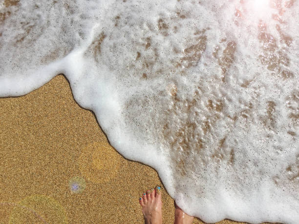 golden sand, feet, and frothy waves on hawaiian beach - women hawaii islands beach beauty in nature imagens e fotografias de stock