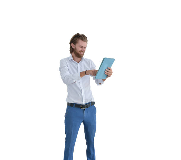 istock Happy western businessman using a tablet isolated on white 901759280