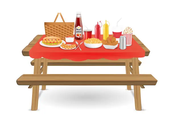 Vector illustration of picnic wood table with fast food and drink