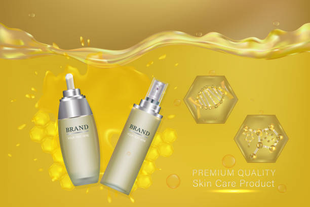 istock Cosmetic containers with advertising background ready to use, gold liquid luxury skin care ad. Vector illustration. 901762276