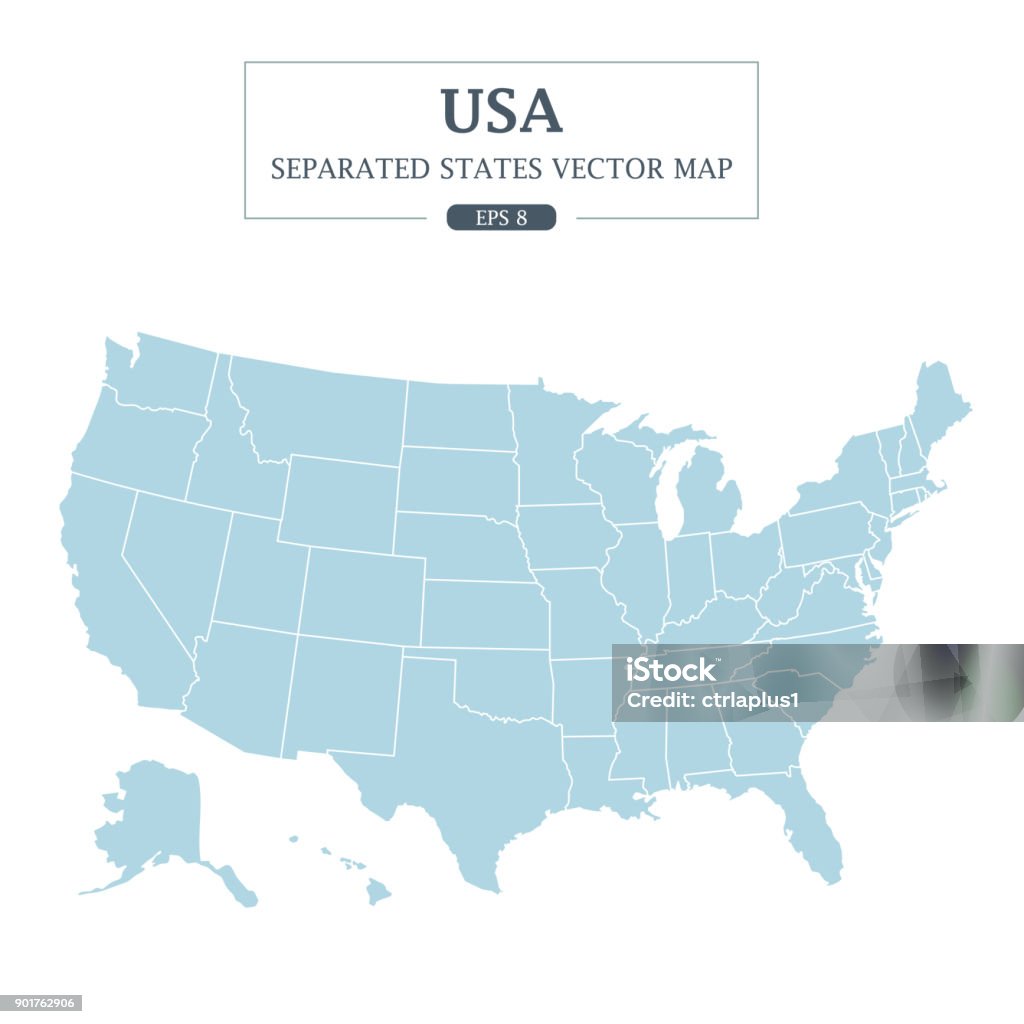 Usa Map Mono Color High Detail Separato tutti gli stati Illustrazione vettoriale - arte vettoriale royalty-free di Stati Uniti d'America