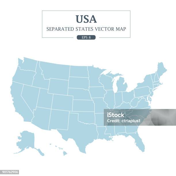 Usa Map Mono Color High Detail Separato Tutti Gli Stati Illustrazione Vettoriale - Immagini vettoriali stock e altre immagini di Stati Uniti d'America