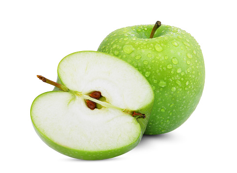 whole and half of green apple or granny smith apple with drop of water isloated on white background
