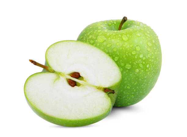 whole and half of green apple or granny smith apple with drop of water isloated on white background whole and half of green apple or granny smith apple with drop of water isloated on white background islotaed on white stock pictures, royalty-free photos & images
