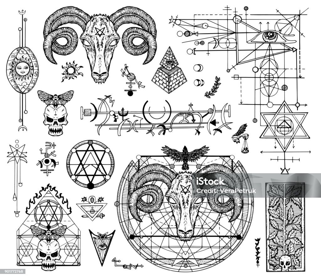 Design set with graphic drawings of mystic and religions and devil symbols Fantasy, freemasonry and secret societies emblems, occult and spiritual mystic drawings. Tattoo design, new world order Devil stock vector