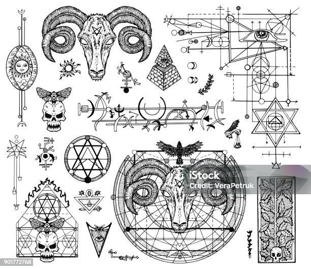 Design Set With Graphic Drawings Of Mystic And Religions And Devil Symbols Stock Illustration - Download Image Now