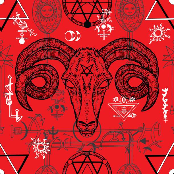 Seamless illustration with devil and death symbols on red Fantasy, freemasonry and secret societies emblems, occult and spiritual mystic drawings. Tattoo design, new world order satan goat stock illustrations