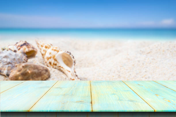 istock Wooden table top on blurred beach Summer background. 901773380