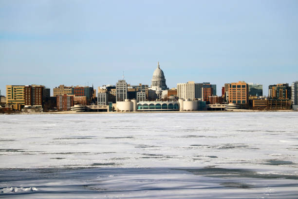 Downtown skyline city of Madison with State Capitol building. stock photo