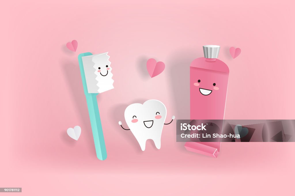 cute cartoon tooth cute cartoon tooth with love concept on the pink background Teeth stock vector