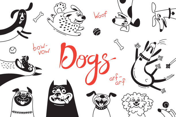 illustrations, cliparts, dessins animés et icônes de carte joyeuses chiens et chiots heureux. fond de vecteur avec les bâtards, chien de berger, teckel, tour-chien et d’autres races - animal backgrounds audio