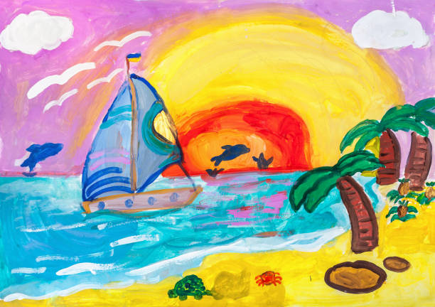 illustrazioni stock, clip art, cartoni animati e icone di tendenza di bambini che disegnano. paesaggio estivo. barca a vela blu e riva del mare - heat beautiful joy happiness