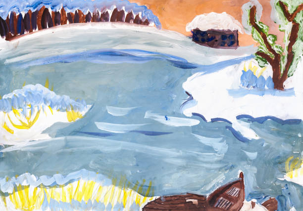 istock Children drawing. Winter landscape. river bank is ice-covered 901788580